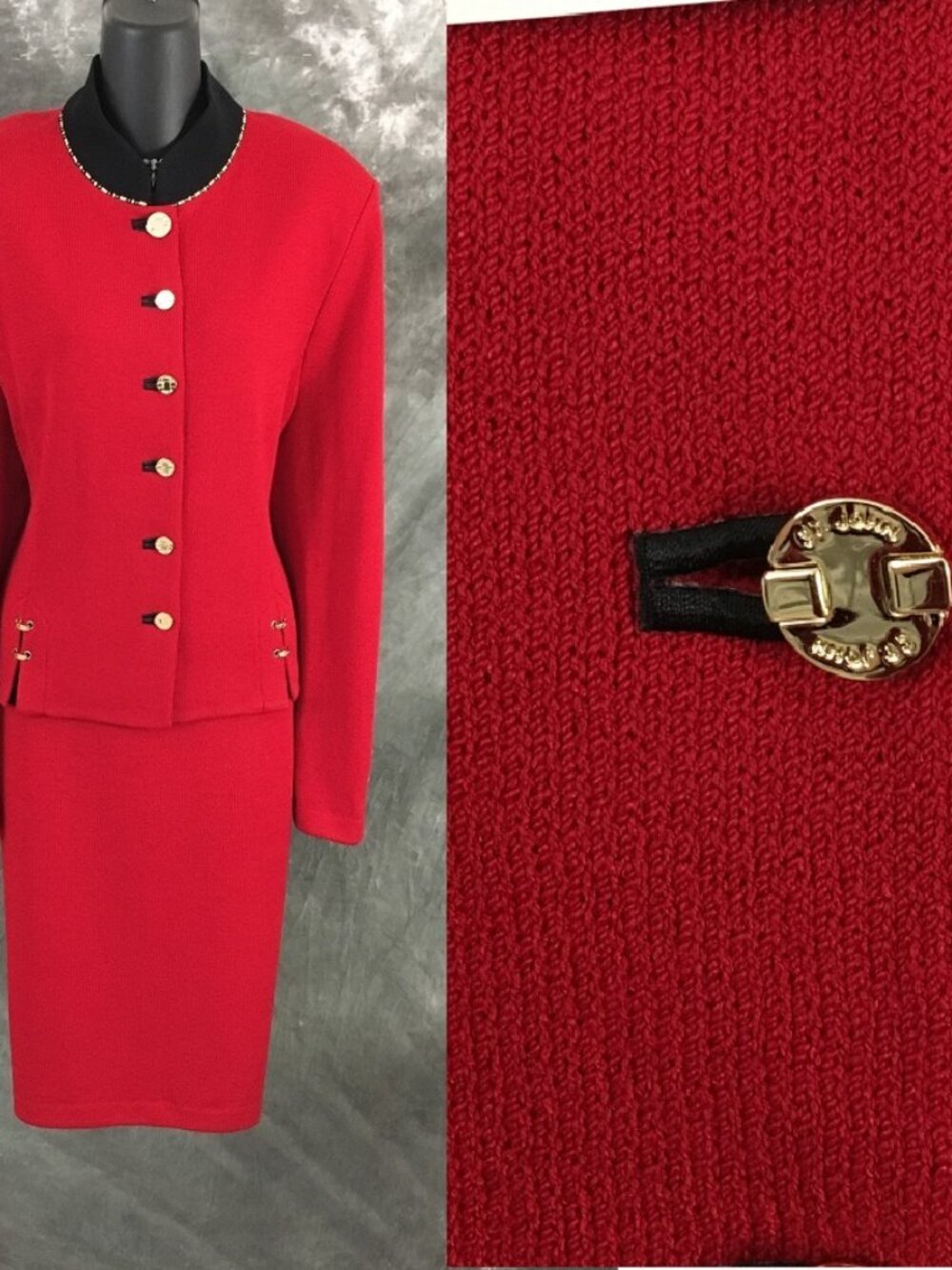 BEAUTIFUL st john collection knit red black jacket skirt suit size 12 14